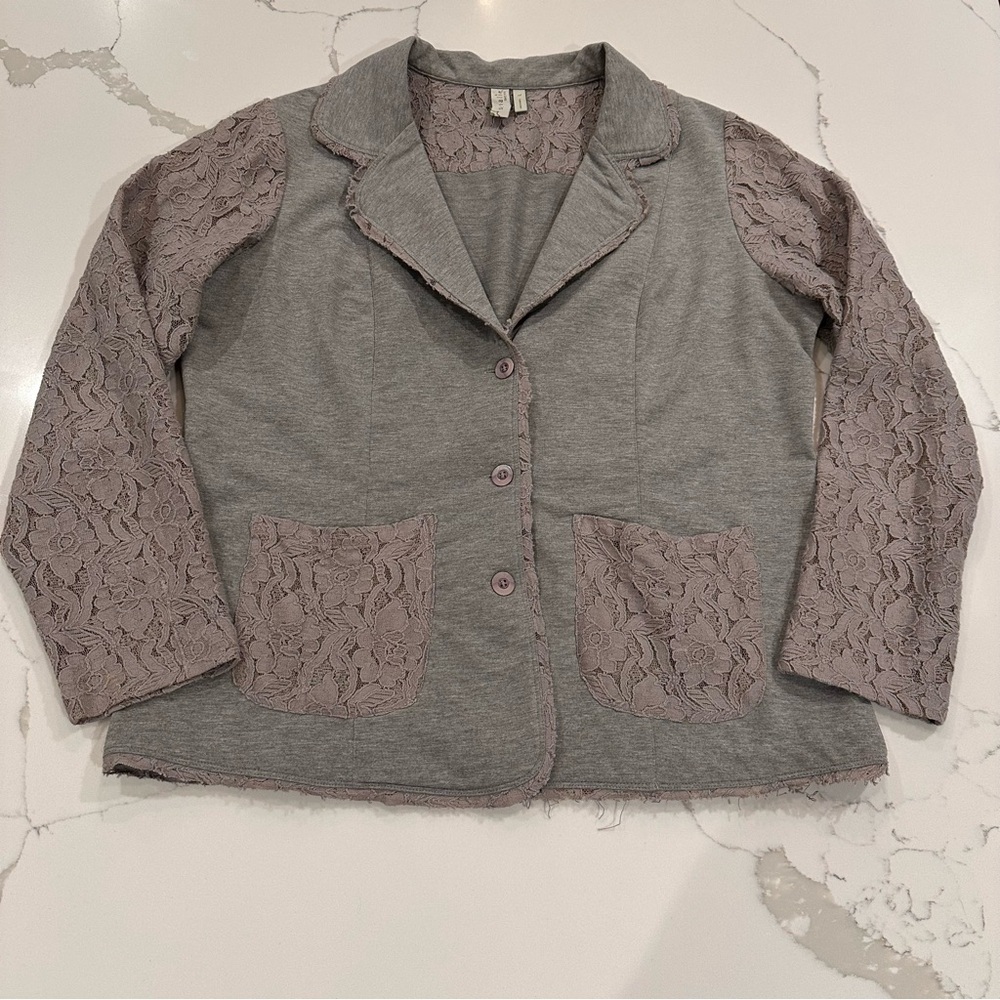 Sahalie Gray Lace Blazer Women L Boho Cottagecore Coastal Cowgirl Festival Fairy